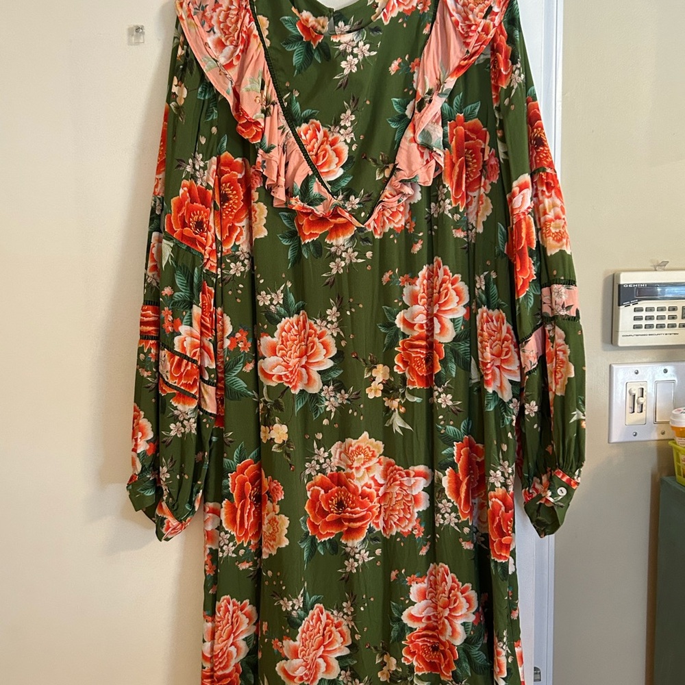 FARM Rio Green and Red Floral Long Sleeve Dress